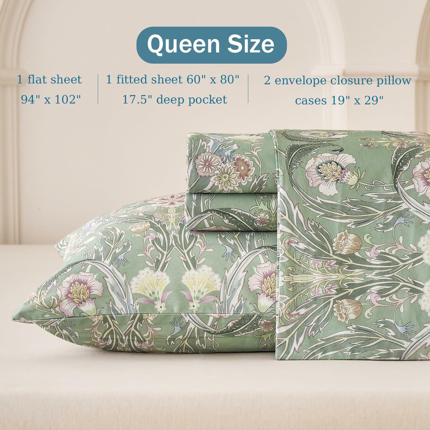 Huborise 17.5", 4Pcs Boho Sheets Silky Green Floral Bed Sheet Set Queen Size