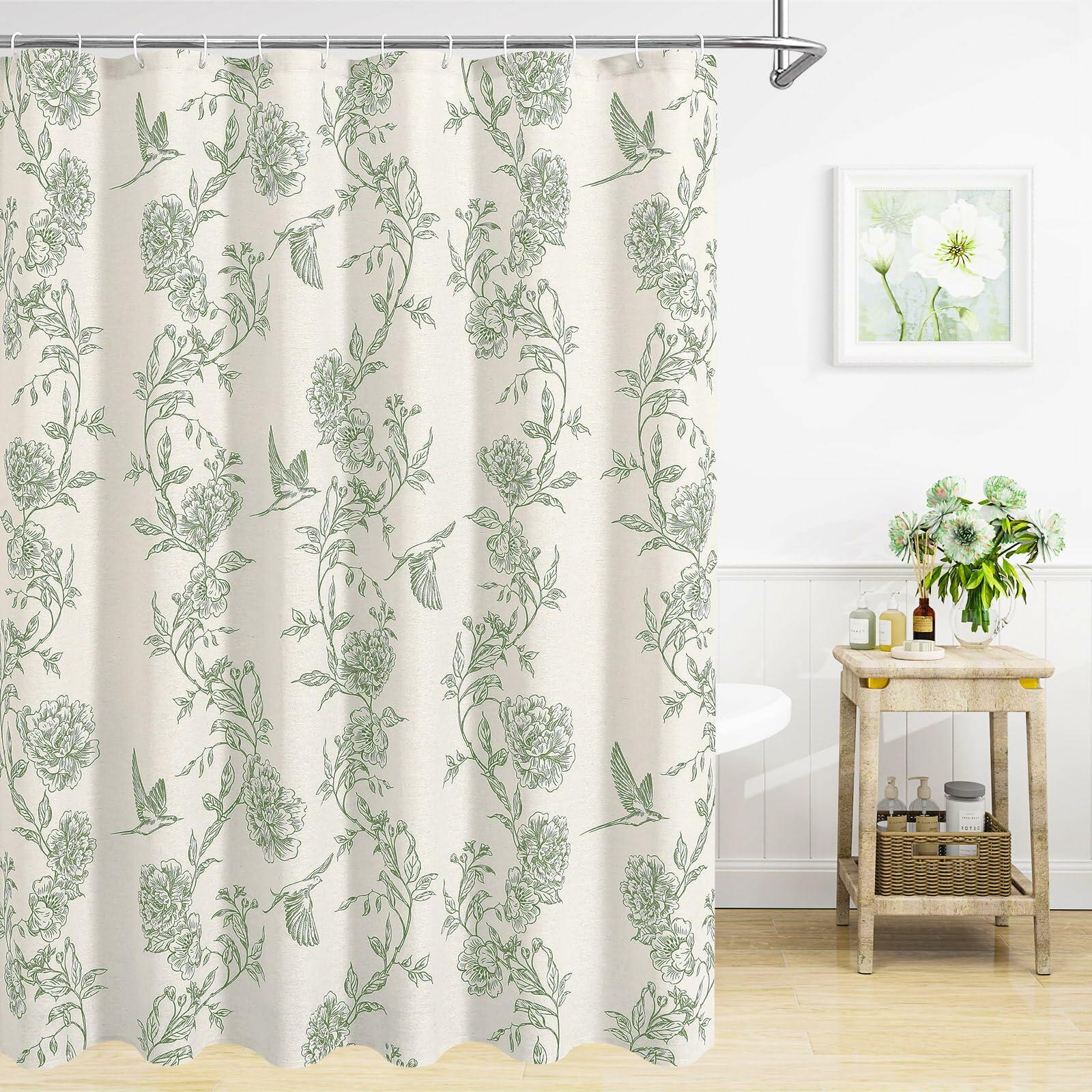 MitoVilla Sage Green Farmhouse Shower Curtain Set, 72" W x 72" L Cotton Floral