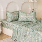 Huborise 17.5", 4Pcs Boho Sheets Silky Green Floral Bed Sheet Set Queen Size