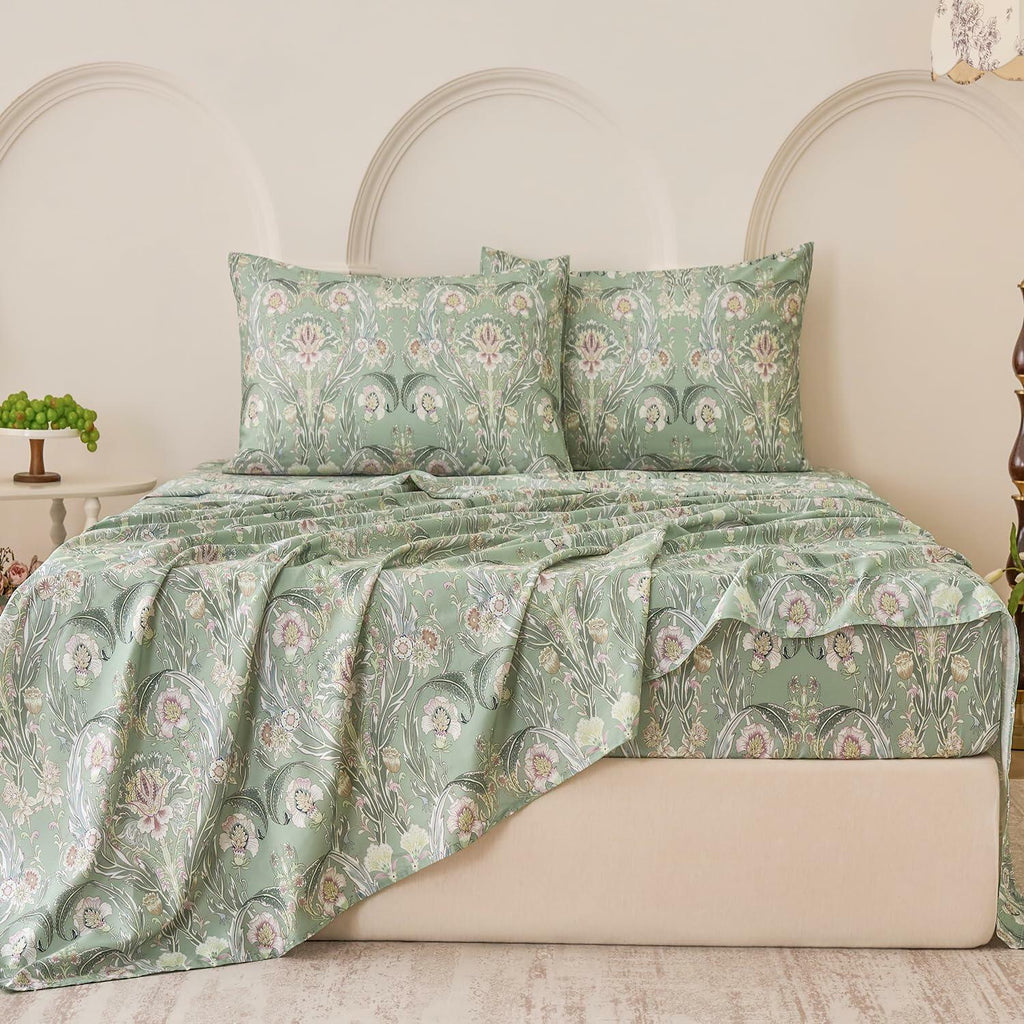 Huborise 17.5", 4Pcs Boho Sheets Silky Green Floral Bed Sheet Set Queen Size