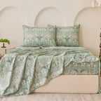 Huborise 17.5", 4Pcs Boho Sheets Silky Green Floral Bed Sheet Set Queen Size