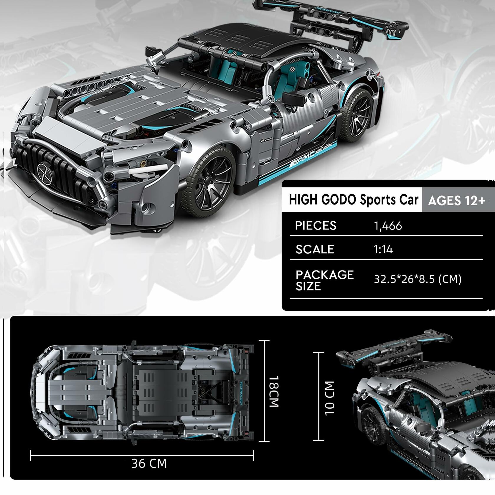 HIGH GODO 1466 Pieces Racing Car Building Kit for Adults,1:14 MOC Super Sports
