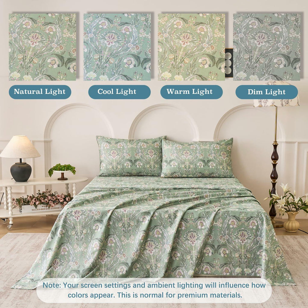 Huborise 17.5", 4Pcs Boho Sheets Silky Green Floral Bed Sheet Set Queen Size
