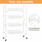 TOOLF 4-Tier Rolling Cart, Metal Utility Cart with 3 Hooks, Easy Assemble Mobile