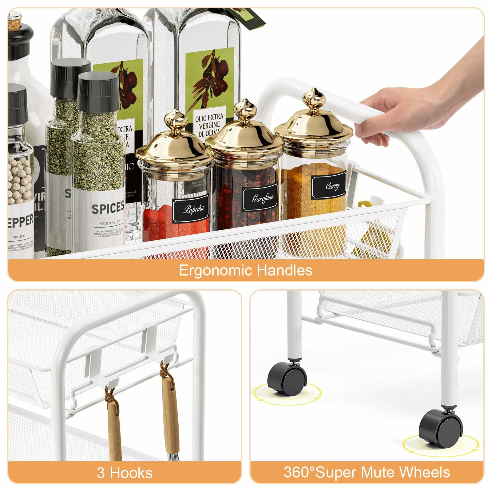 TOOLF 4-Tier Rolling Cart, Metal Utility Cart with 3 Hooks, Easy Assemble Mobile