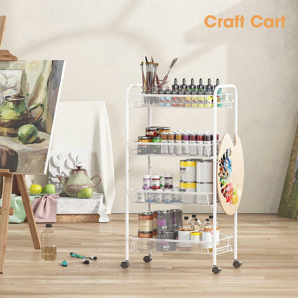TOOLF 4-Tier Rolling Cart, Metal Utility Cart with 3 Hooks, Easy Assemble Mobile