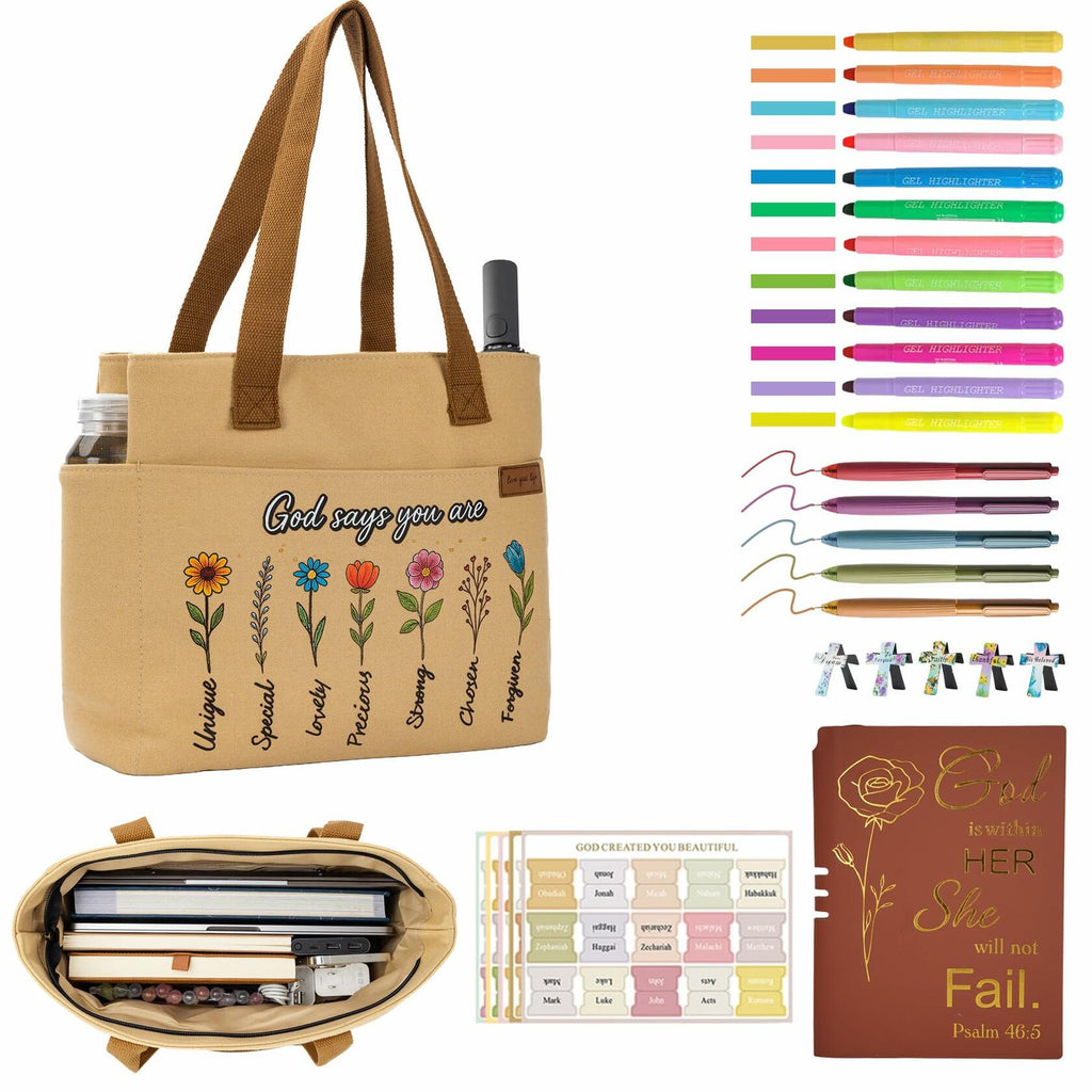 25 PCS Bible Study Supplies Kit, Large Capacity Canvas Tote Bag for Women