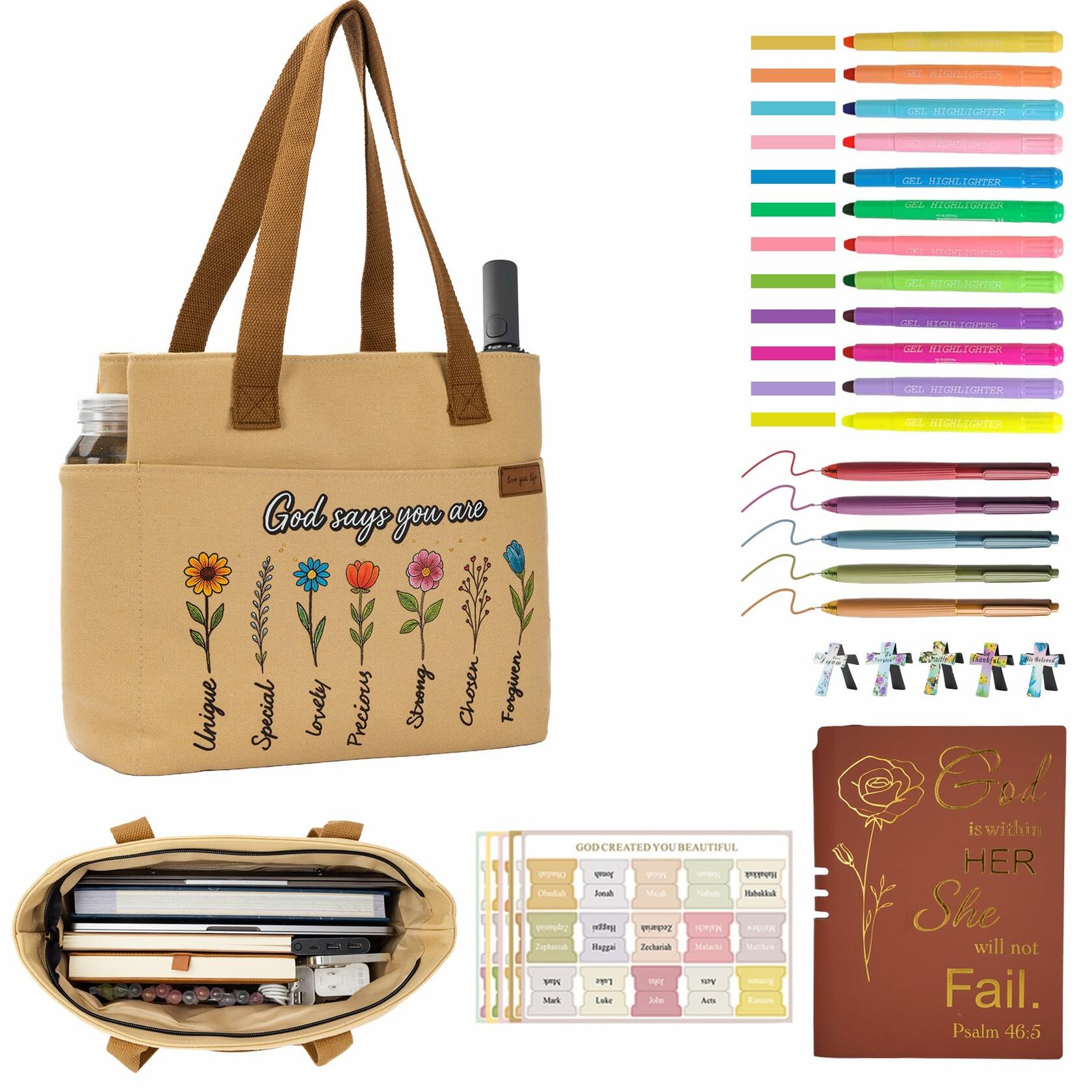 25 PCS Bible Study Supplies Kit, Large Capacity Canvas Tote Bag for Women