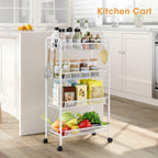 TOOLF 4-Tier Rolling Cart, Metal Utility Cart with 3 Hooks, Easy Assemble Mobile