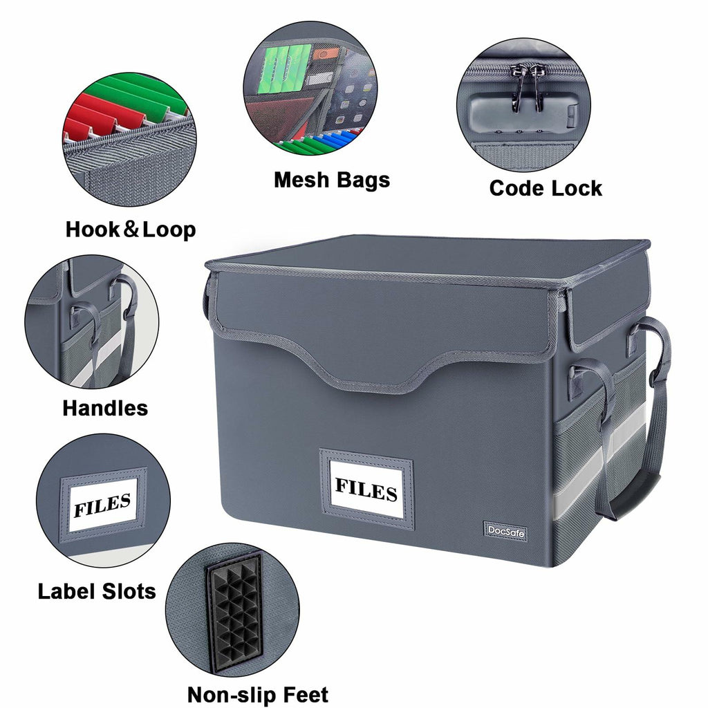 DocSafe Fireproof Document Box with Lock,File Storage Organizer with Zipper