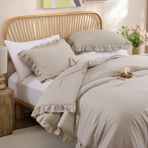 JANZAA Queen Comforter Set Oatmeal Comforter for Queen Size Bed 3PCS (1 Ruffle
