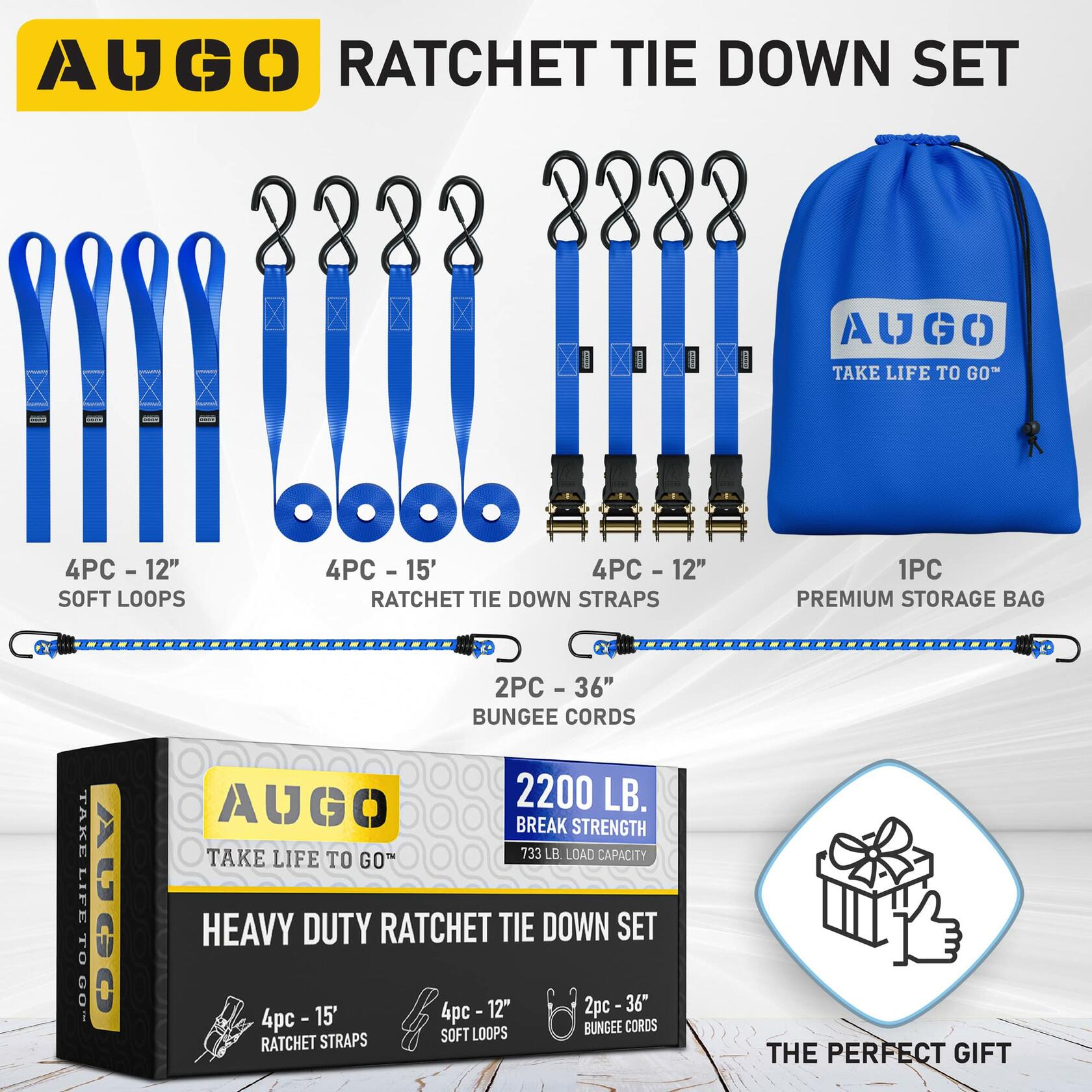 AUGO Ratchet Straps Heavy Duty 4 Pack -15 FT - 2200 LB Break Strength – with