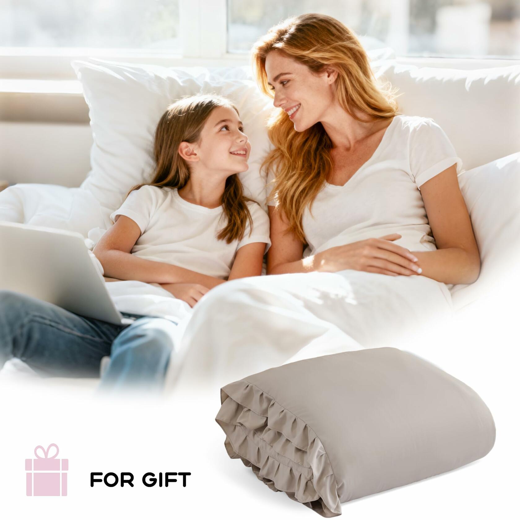JANZAA Queen Comforter Set Oatmeal Comforter for Queen Size Bed 3PCS (1 Ruffle
