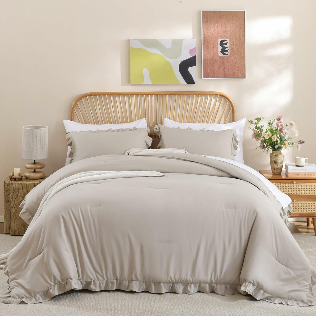 JANZAA Queen Comforter Set Oatmeal Comforter for Queen Size Bed 3PCS (1 Ruffle