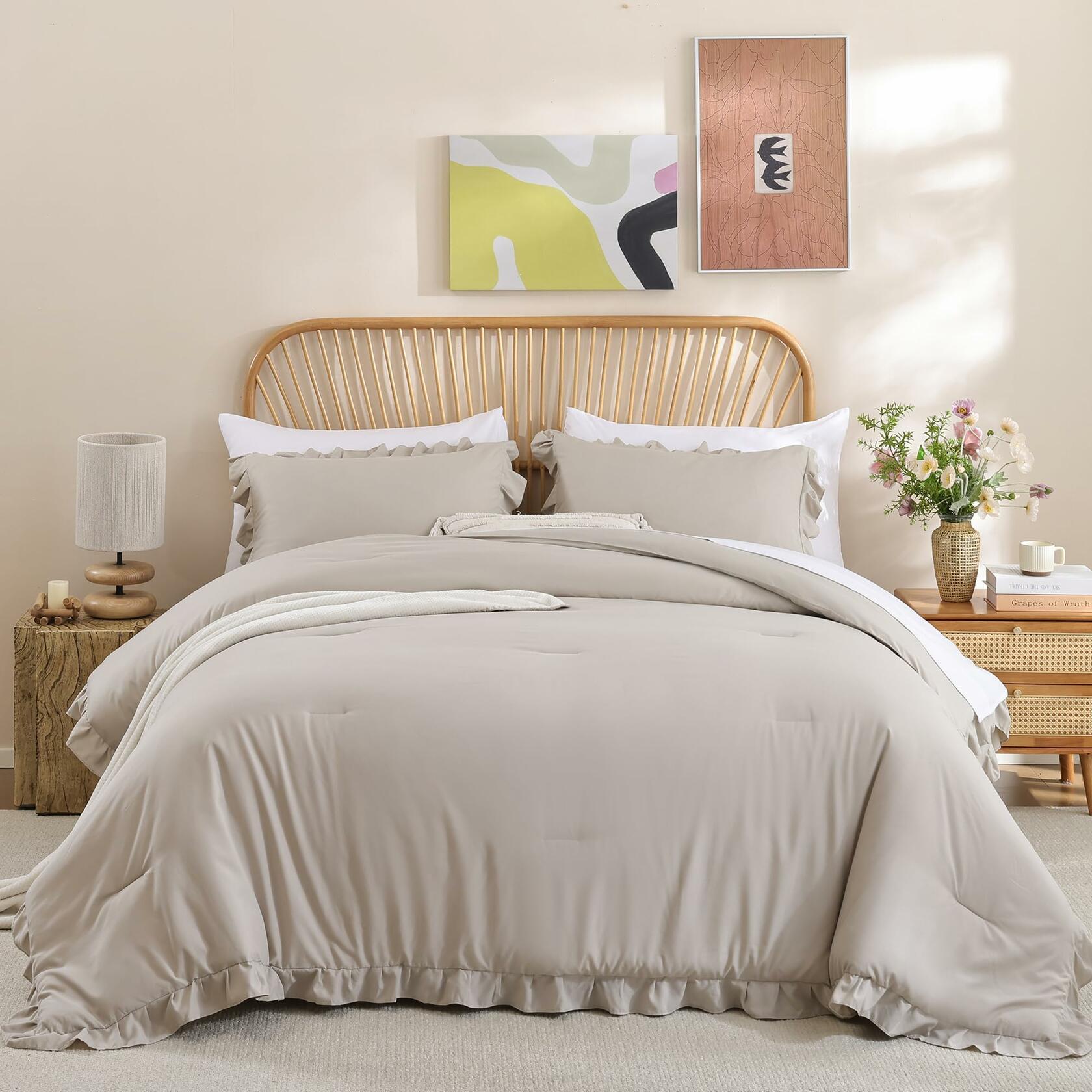 JANZAA Queen Comforter Set Oatmeal Comforter for Queen Size Bed 3PCS (1 Ruffle