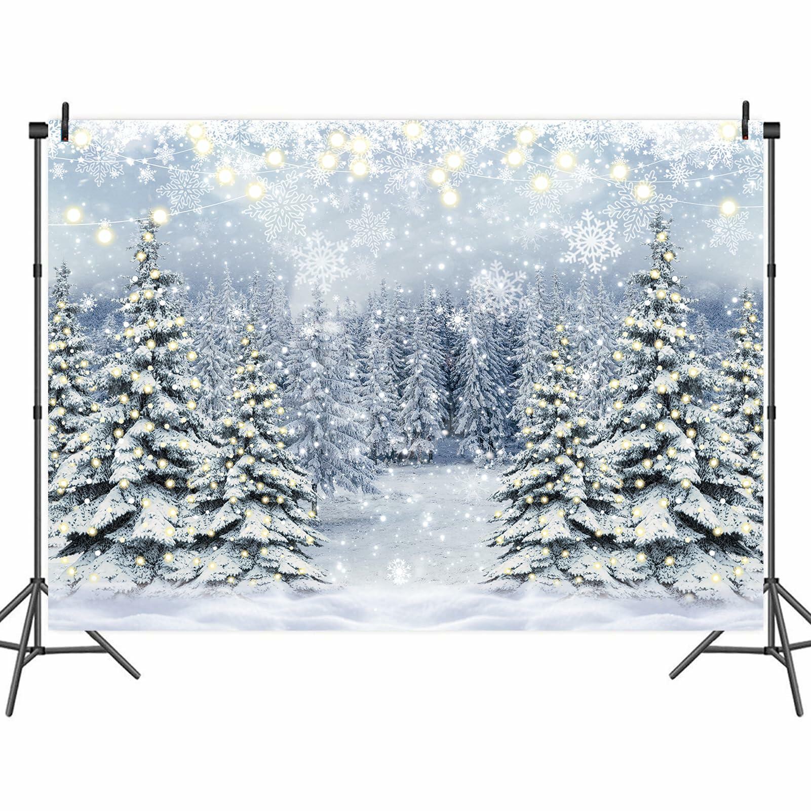 Winter Forest Photography Backdrop Glitter Snowy Pine Tree Scene Background
