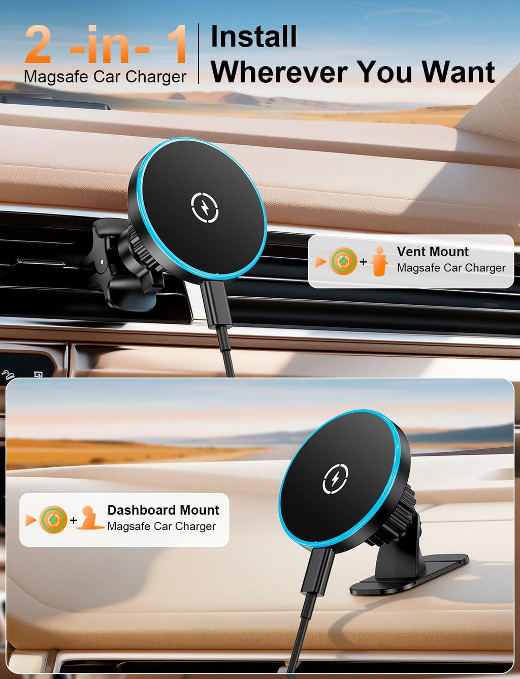 for Magsafe Car Mount Charger, [100% Stable] 15W 2 in1 Magnetic Wireless Car
