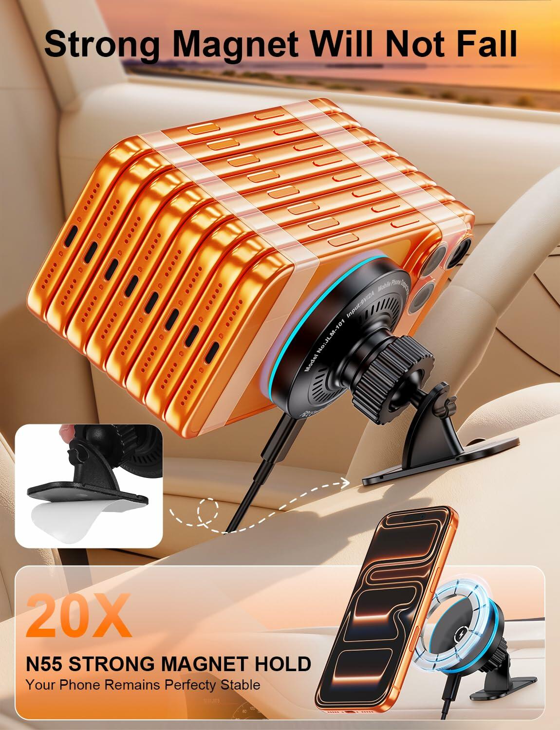for Magsafe Car Mount Charger, [100% Stable] 15W 2 in1 Magnetic Wireless Car