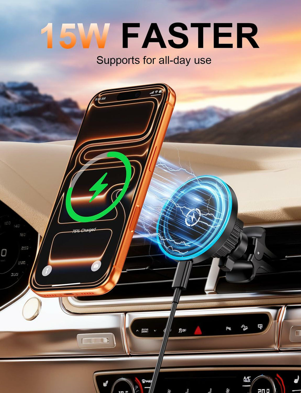 for Magsafe Car Mount Charger, [100% Stable] 15W 2 in1 Magnetic Wireless Car