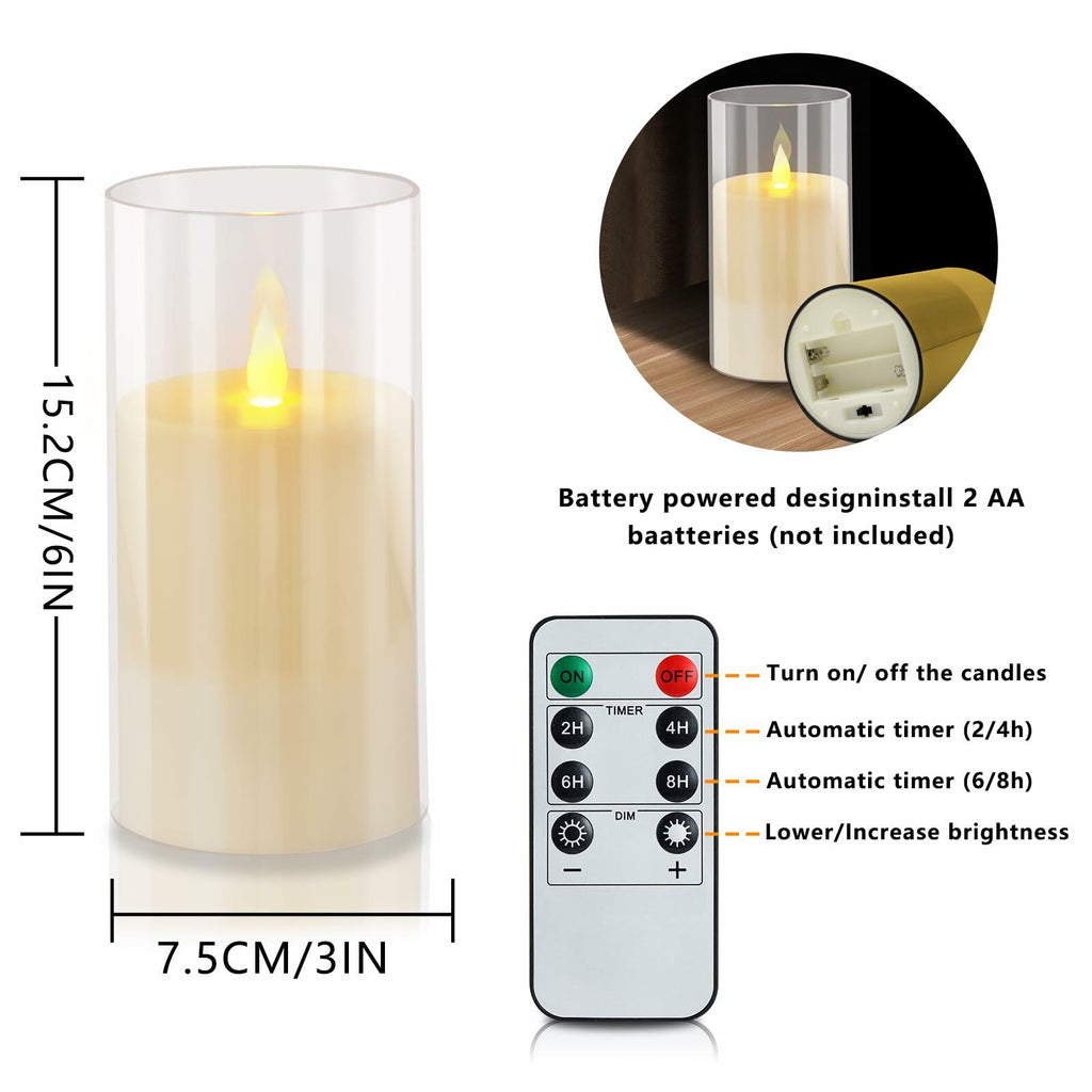 wemarry Flameless Candles 4" 5" 6" Set of 2 Acrylic Glass Pillars 3" Diameter