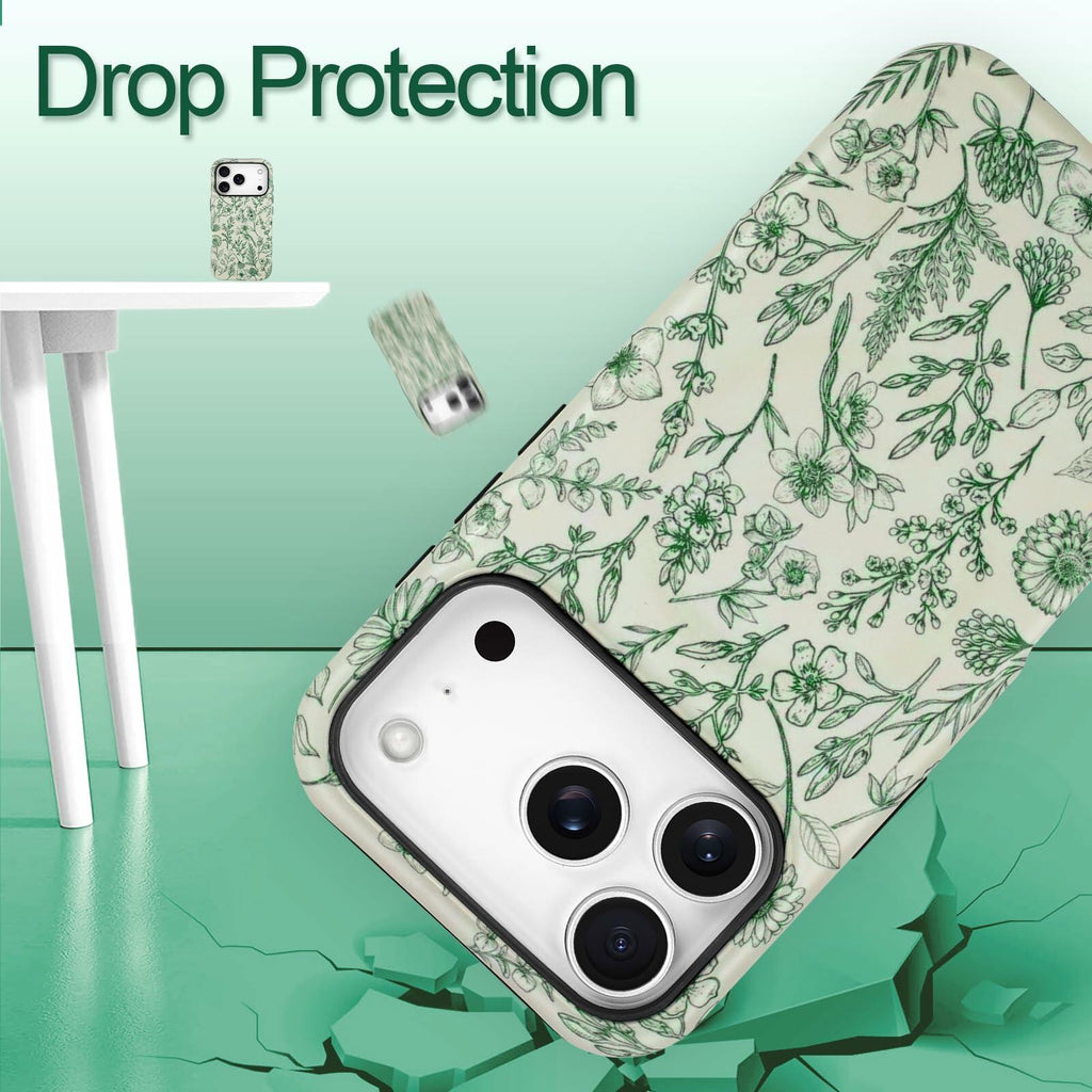 SOKAD Magnetic Sage Floral Phone Case for iPhone 17 Pro, Vintage Green Flower