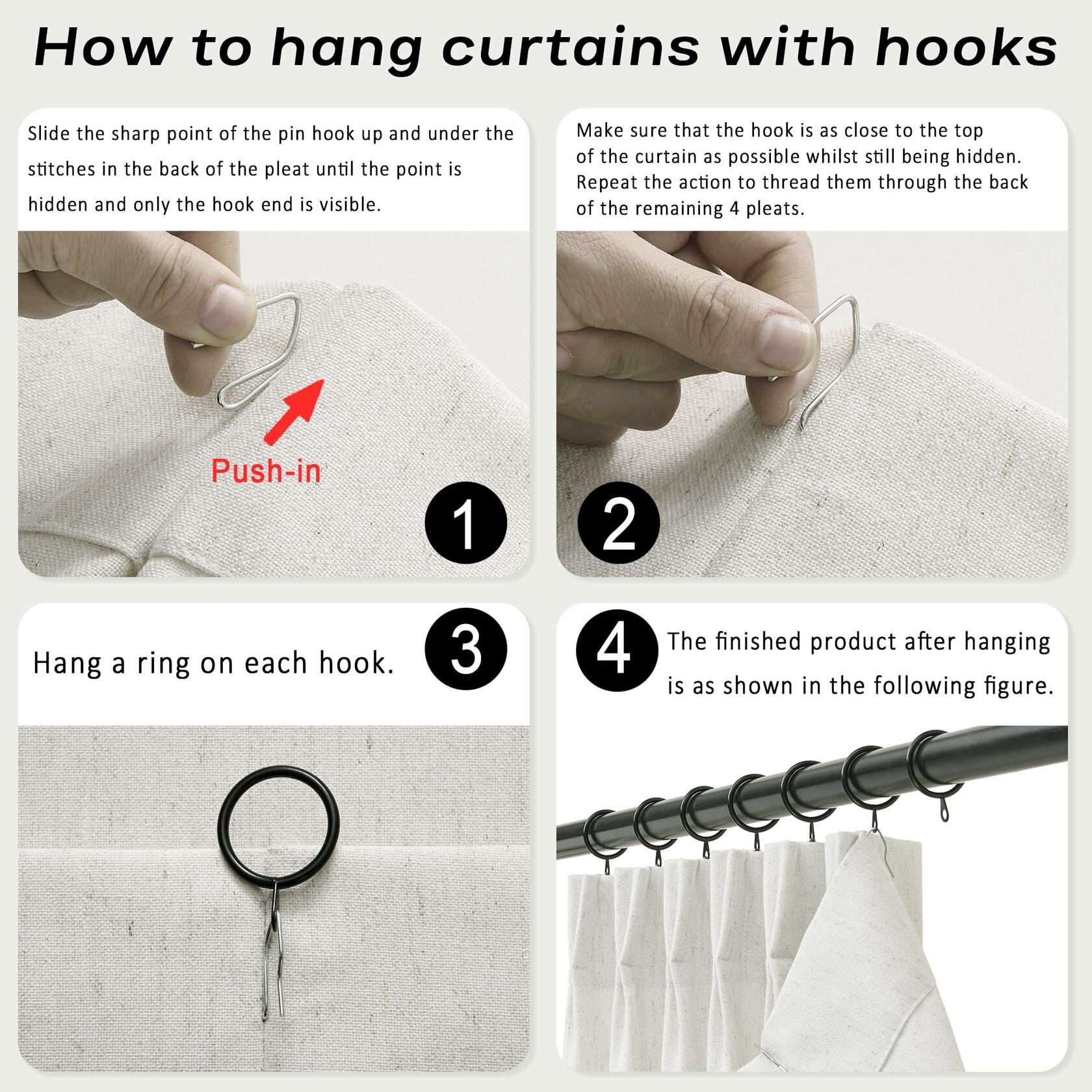 Natural Linen Kitchen Curtains 36" W x 30" L Pinch Pleat Cafe Curtains 1 Panels