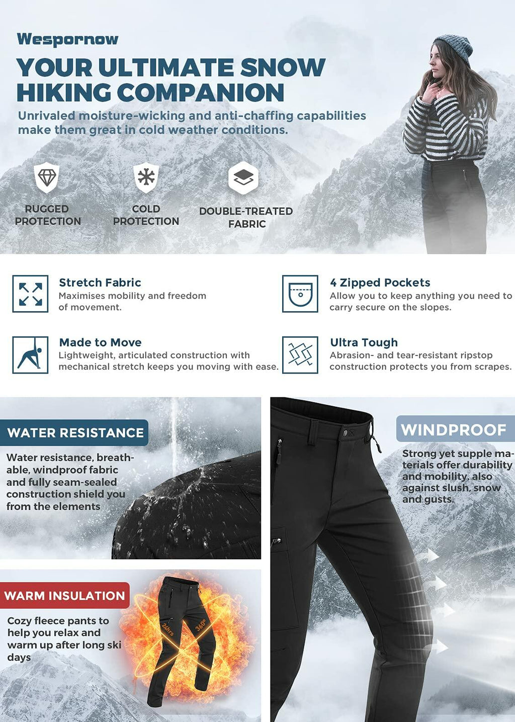 Wespornow Women's-Snow-Ski-Pants Fleece-Lined-Waterproof-Hiking-Pants Softshell