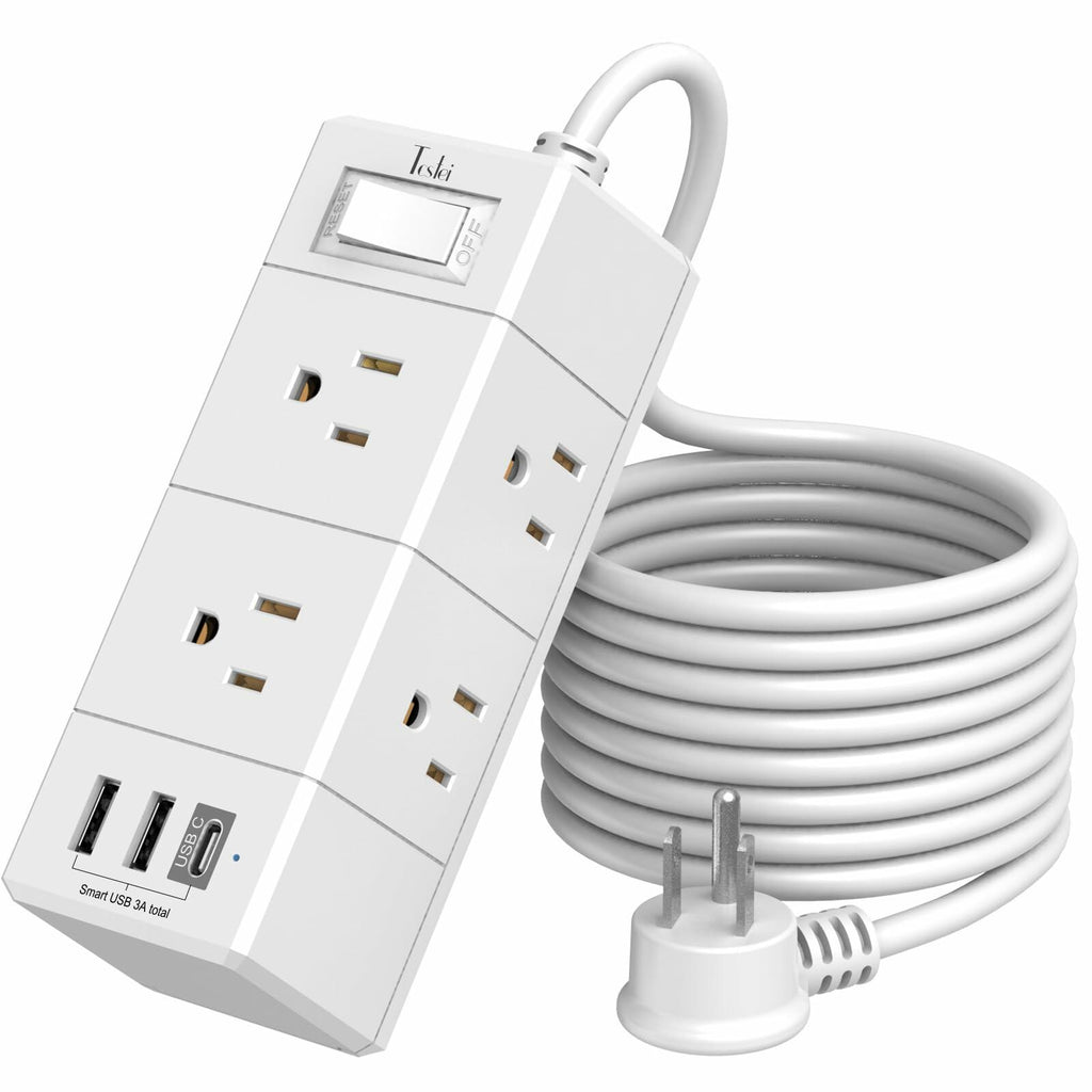 10Ft Extension Cord Flat Plug Power Strip - Tcstei 3-Side Outlet Extender with 6