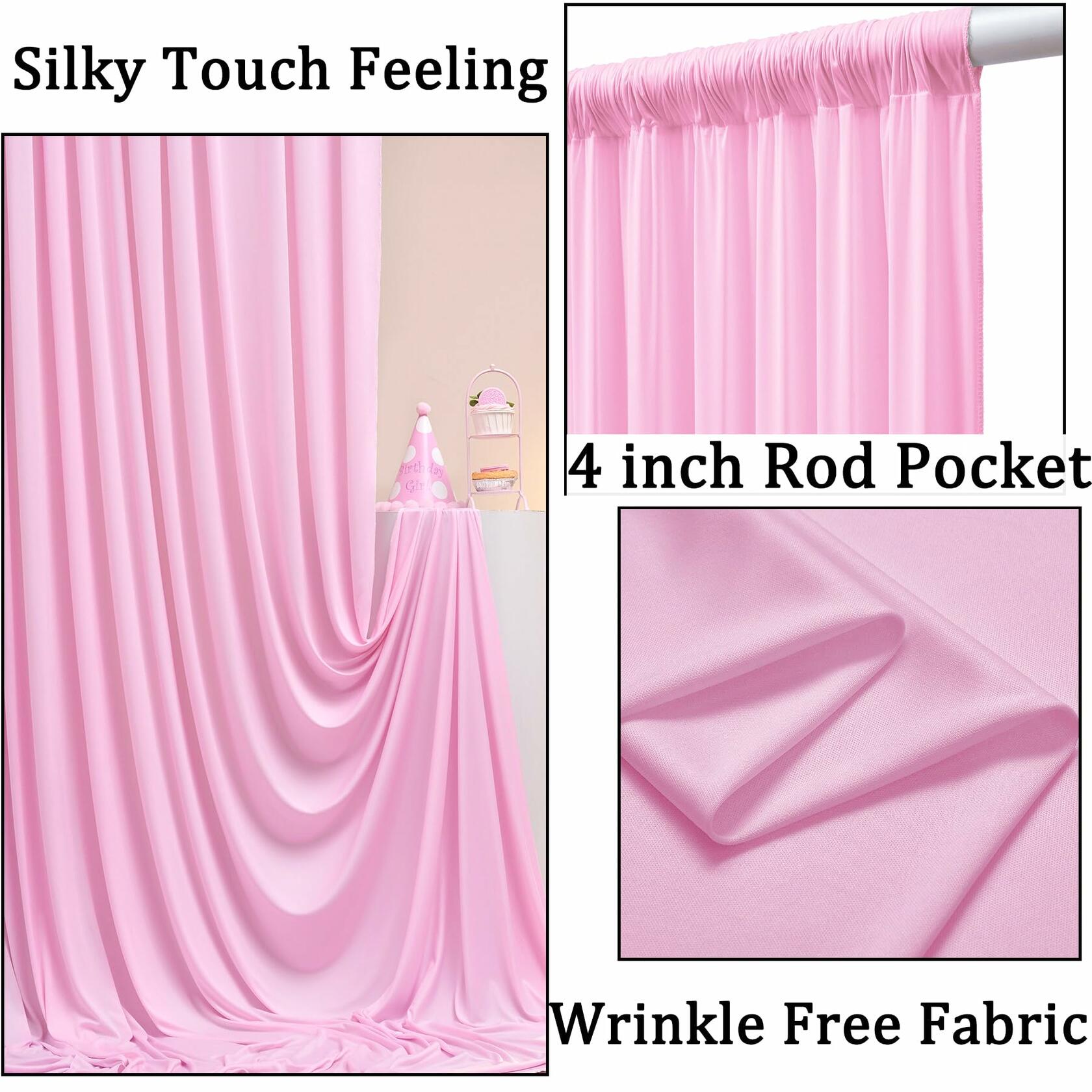 50ft x 10ft Wrinkle Free Pink Backdrop Curtains for Parties, 10 Panels 5x10ft