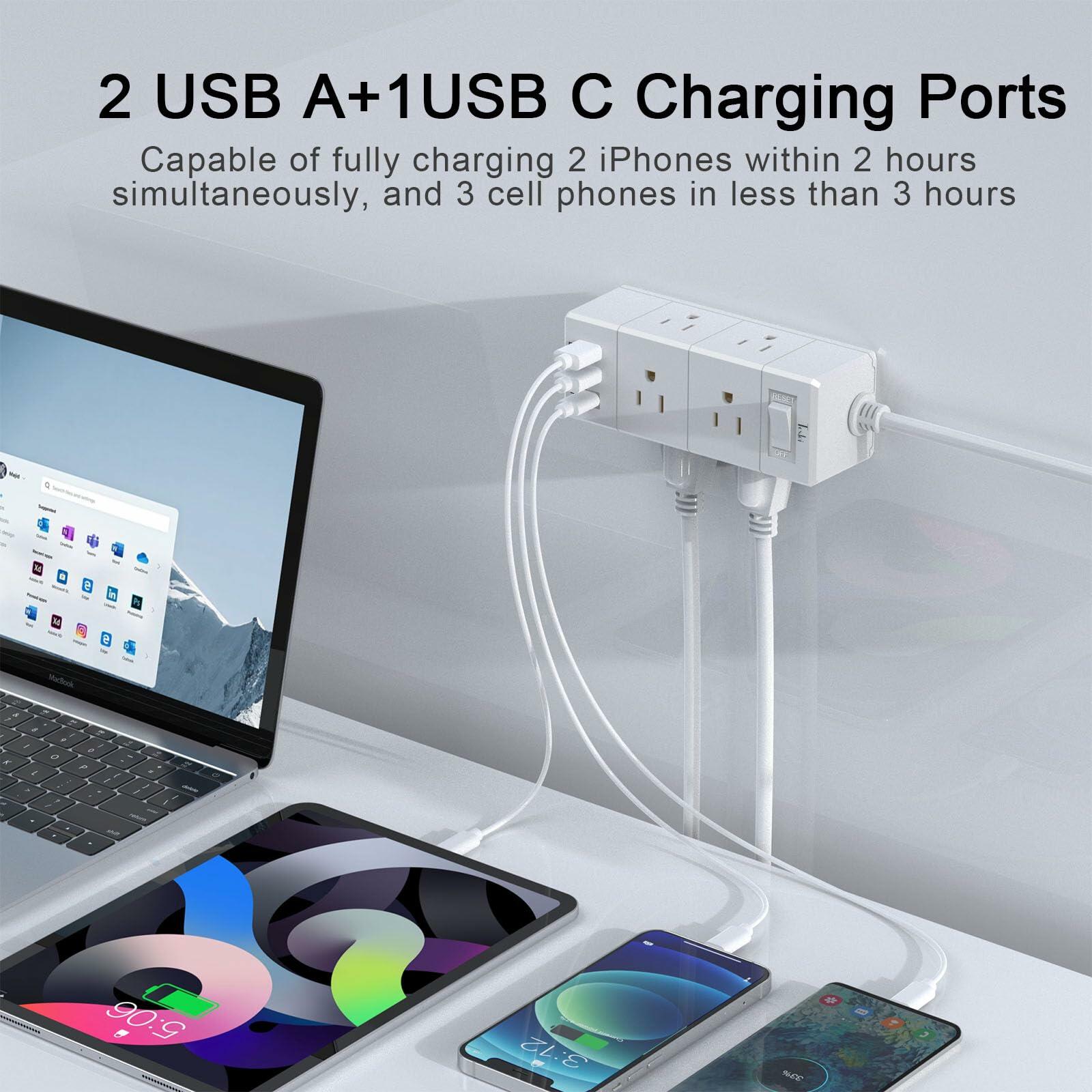 10Ft Extension Cord Flat Plug Power Strip - Tcstei 3-Side Outlet Extender with 6
