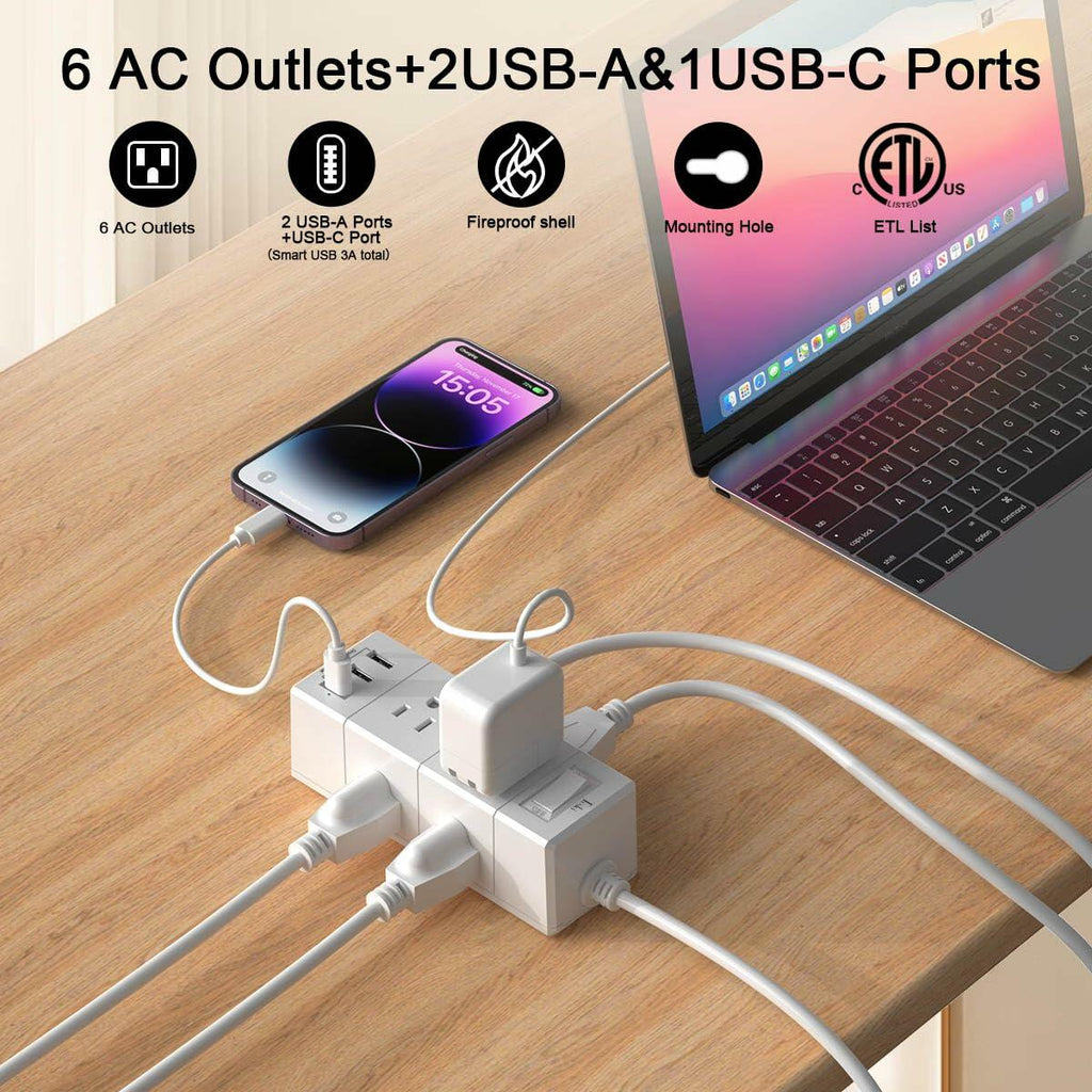 10Ft Extension Cord Flat Plug Power Strip - Tcstei 3-Side Outlet Extender with 6