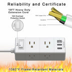 10Ft Extension Cord Flat Plug Power Strip - Tcstei 3-Side Outlet Extender with 6