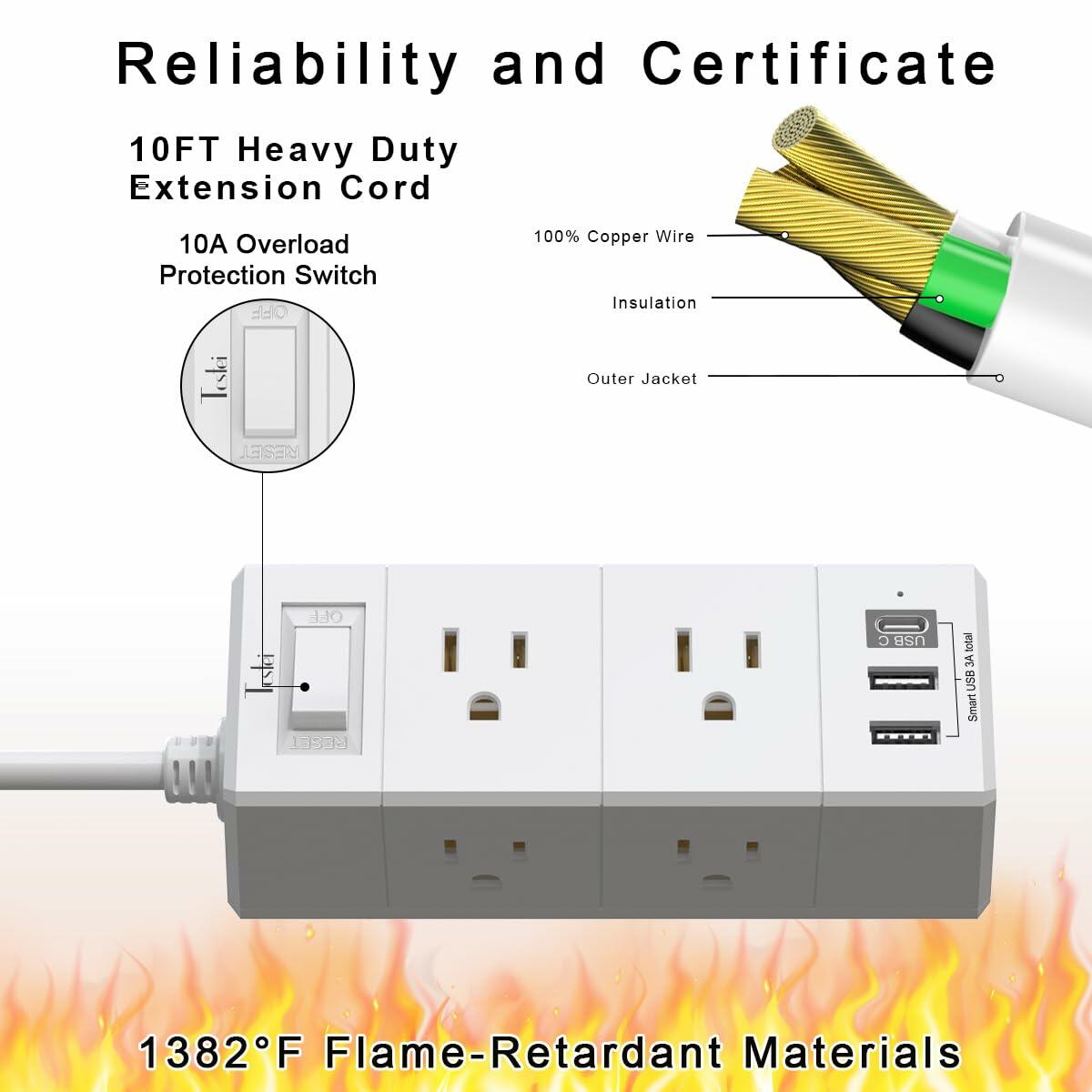 10Ft Extension Cord Flat Plug Power Strip - Tcstei 3-Side Outlet Extender with 6