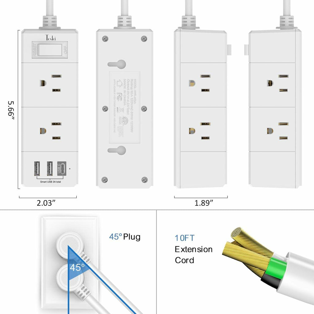 10Ft Extension Cord Flat Plug Power Strip - Tcstei 3-Side Outlet Extender with 6