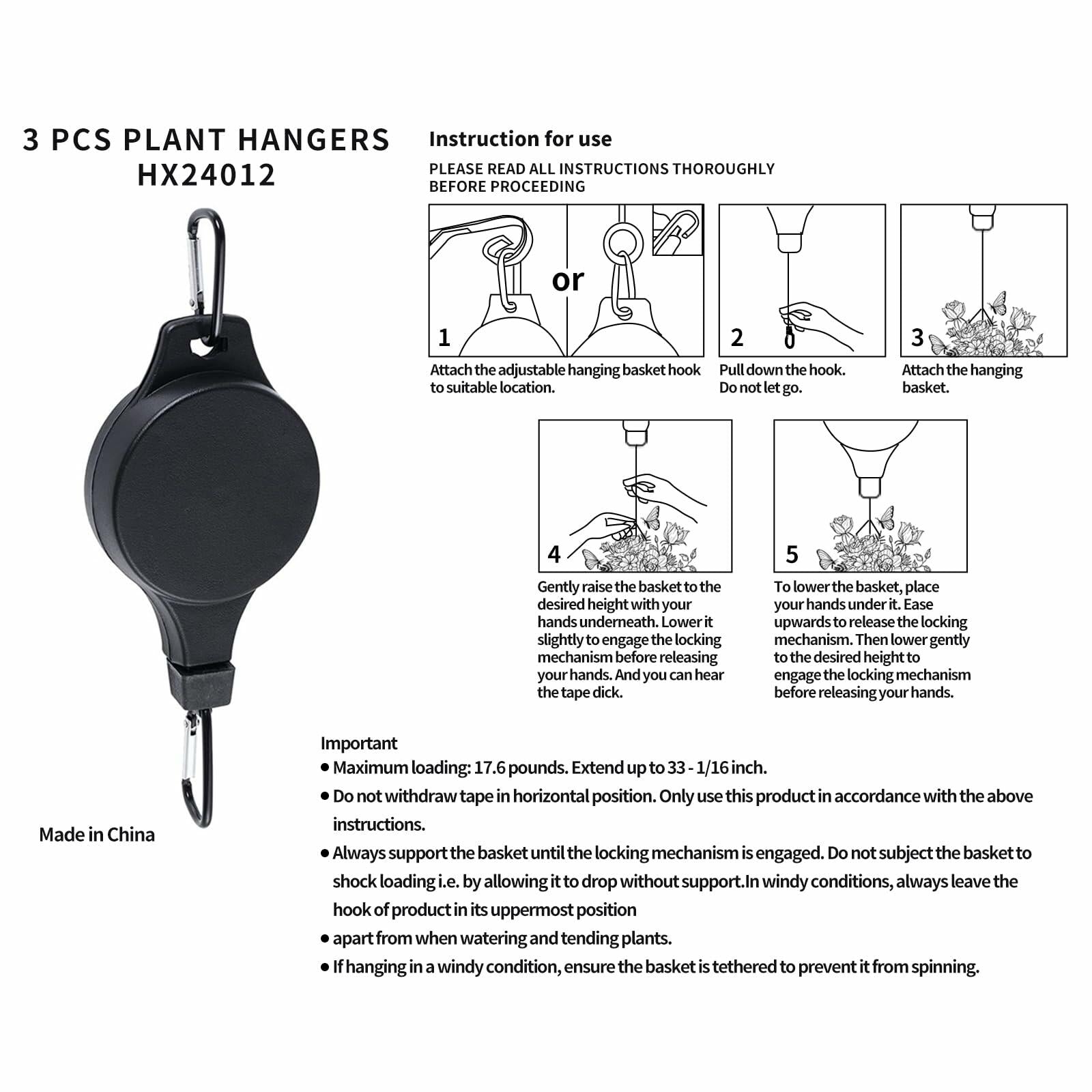 HOGXUAE 3Pack Retractable Plant Hanger Pulley System with Adjustable Rope
