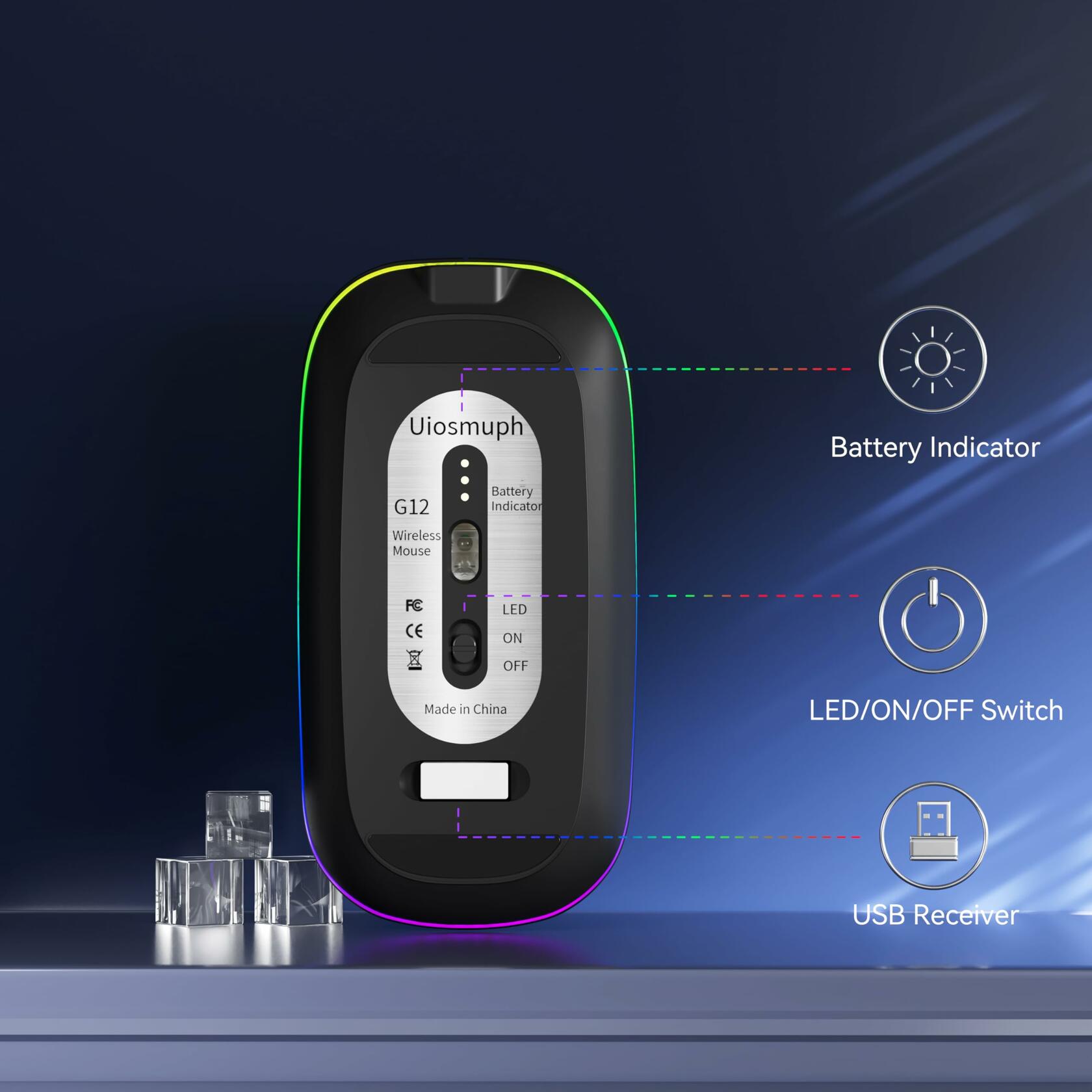 Uiosmuph LED Wireless Mouse, G12 Slim Rechargeable Silent Mouse, 2.4G Portable