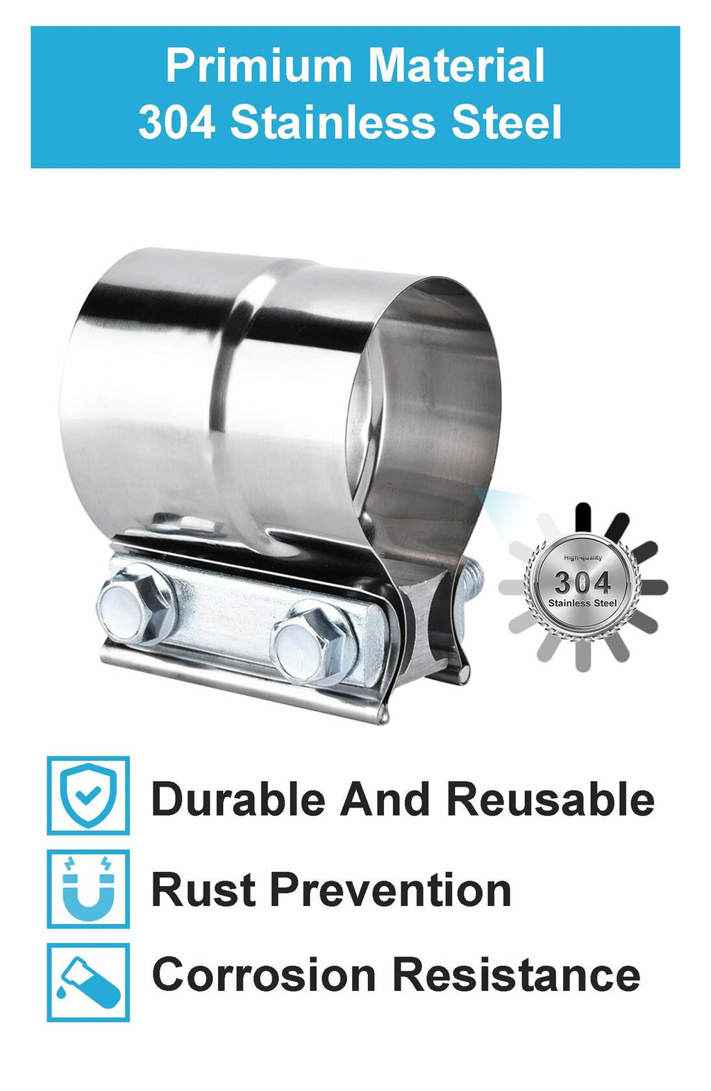 DecoHongDi 2.5 Inch Exhaust Clamps 2 Packs,2 1/2in Lap Joint Band Clamp 304