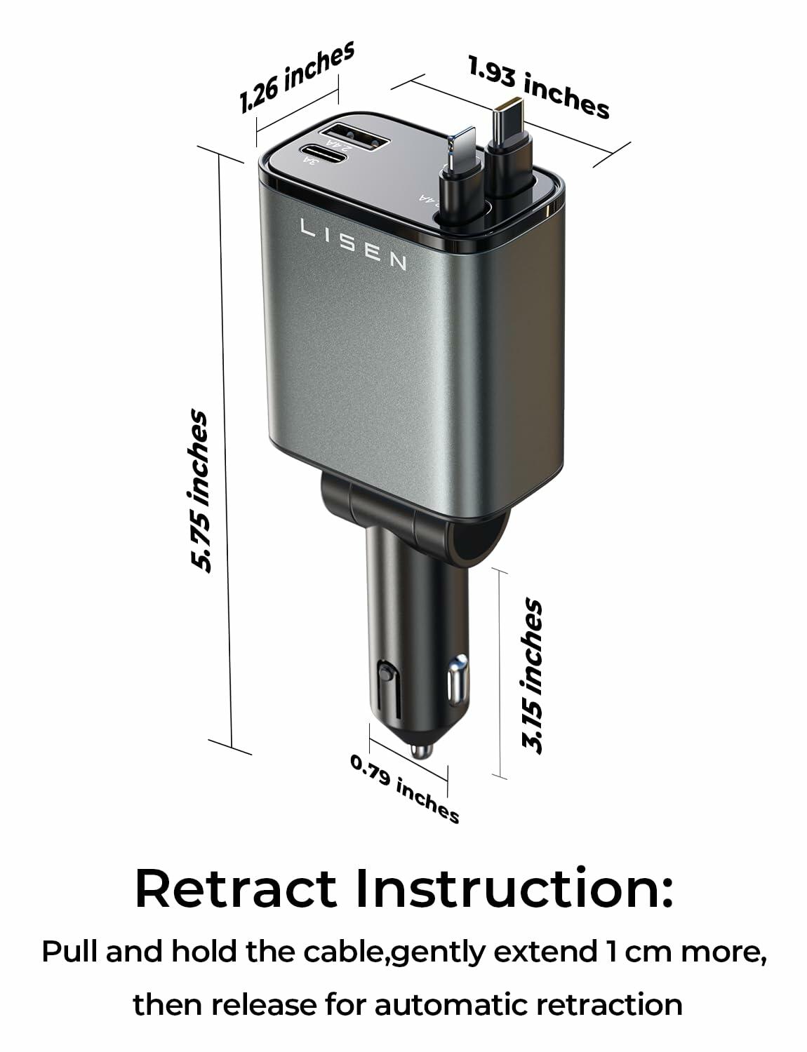 LISEN Retractable Car Charger, Gifts for Him Her, Cars Adapter USB C Fast