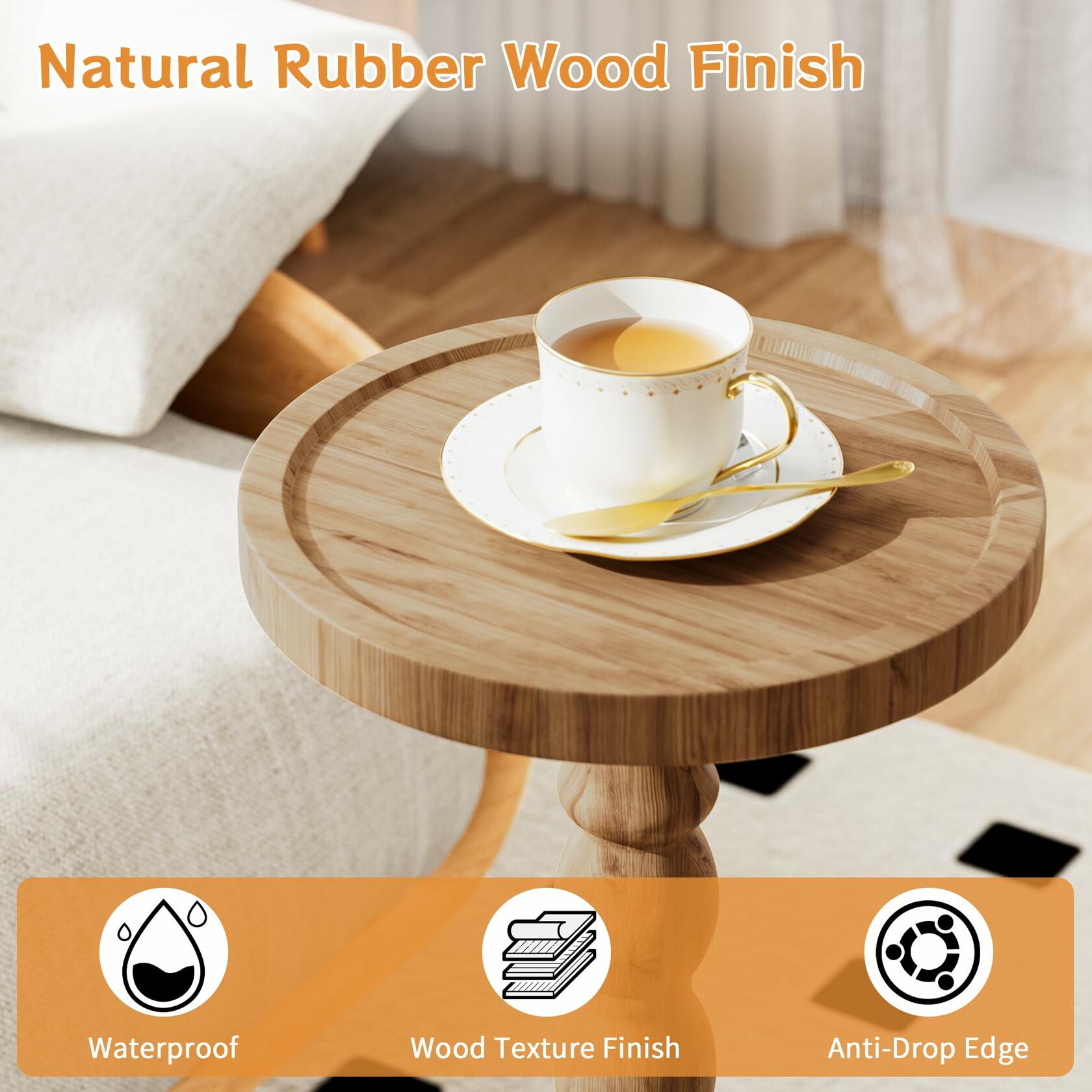 iFaveorr Small Side Table, Rubberwood‌ Drink Table for Small Spaces, Solid Wood