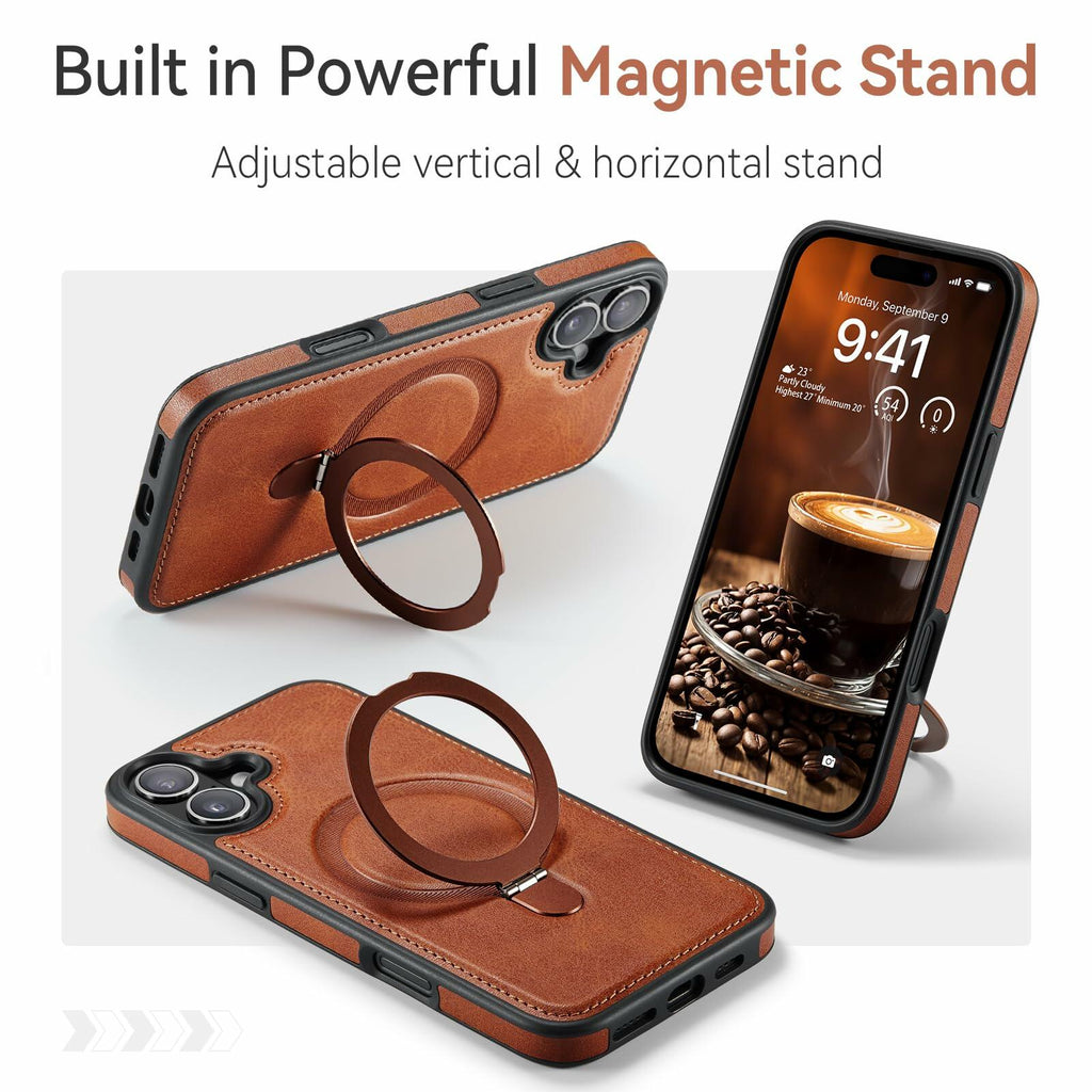 CHEEWADA for iPhone 16 Case with Stand Compatible with Magsafe Thin Slim PU