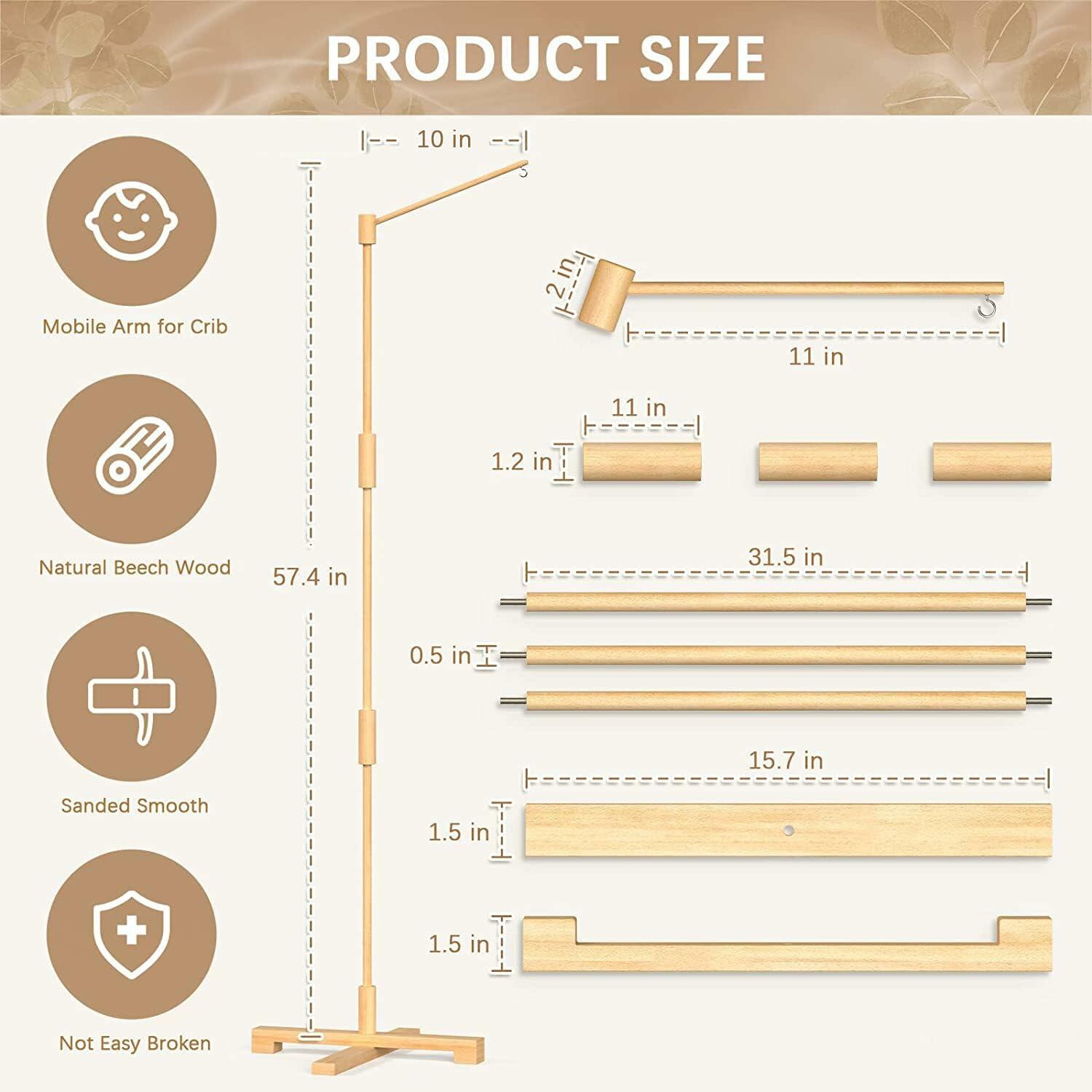 FEISIKE Baby Crib Mobile Arm, 57.4 Inch Mobile Arm for Crib Wooden Nursery Decor