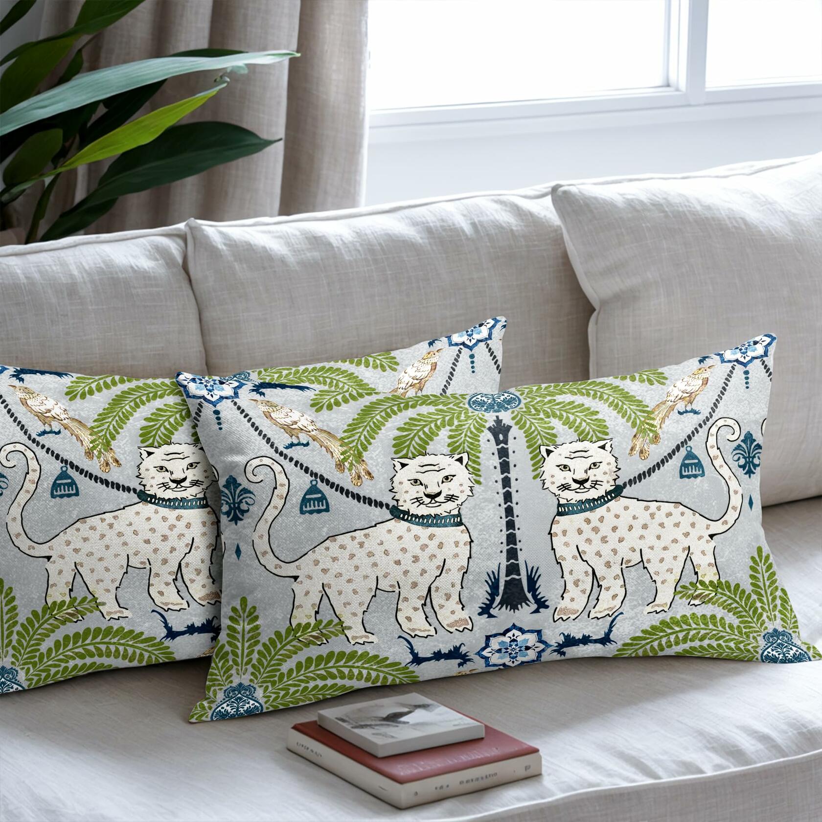 Chinoiserie Animal Print Leopard Tropical Tree Lumbar Pillow Covers 12X20 Inch