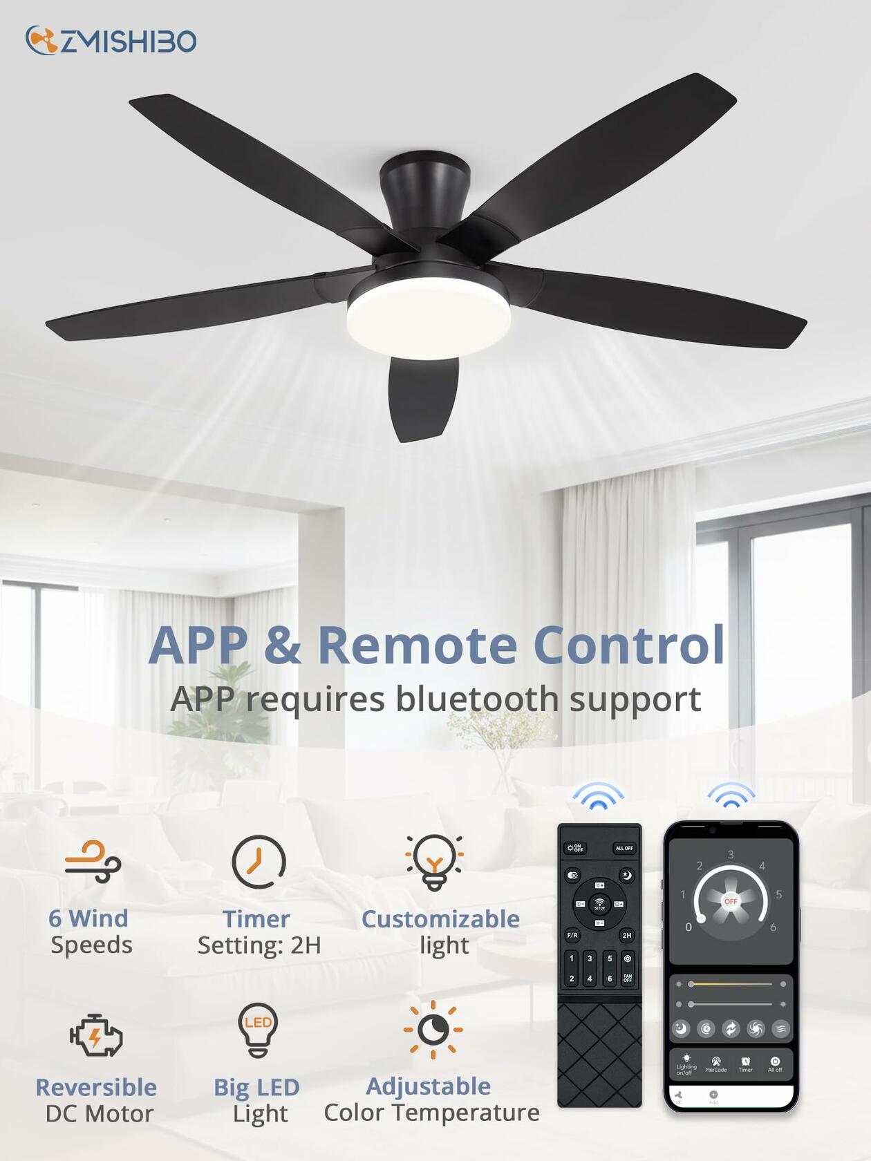 ZMISHIBO 52 inch Ceiling Fans with Lights and Remote/APP Control,Black Low