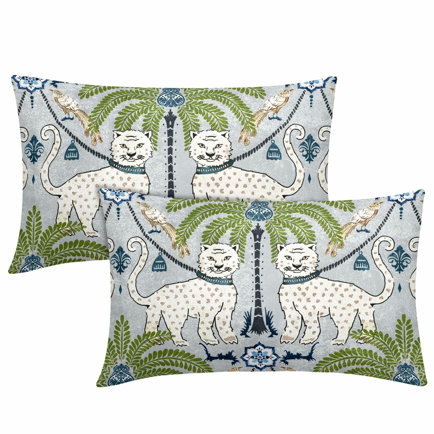 Chinoiserie Animal Print Leopard Tropical Tree Lumbar Pillow Covers 12X20 Inch