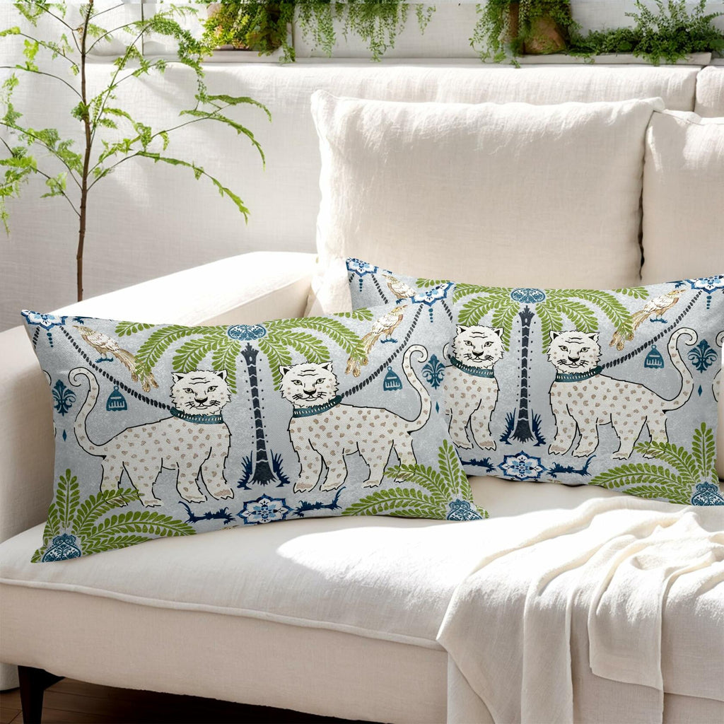 Chinoiserie Animal Print Leopard Tropical Tree Lumbar Pillow Covers 12X20 Inch