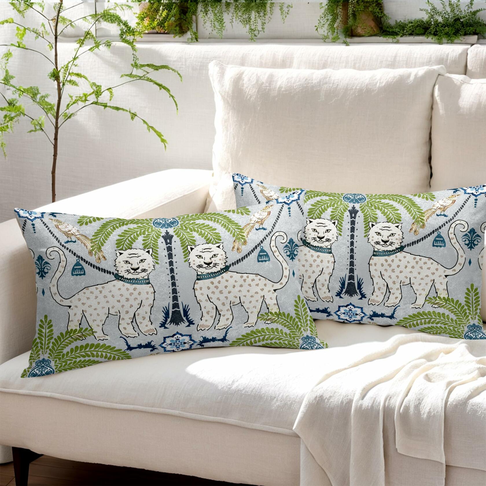 Chinoiserie Animal Print Leopard Tropical Tree Lumbar Pillow Covers 12X20 Inch