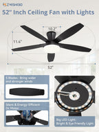 ZMISHIBO 52 inch Ceiling Fans with Lights and Remote/APP Control,Black Low