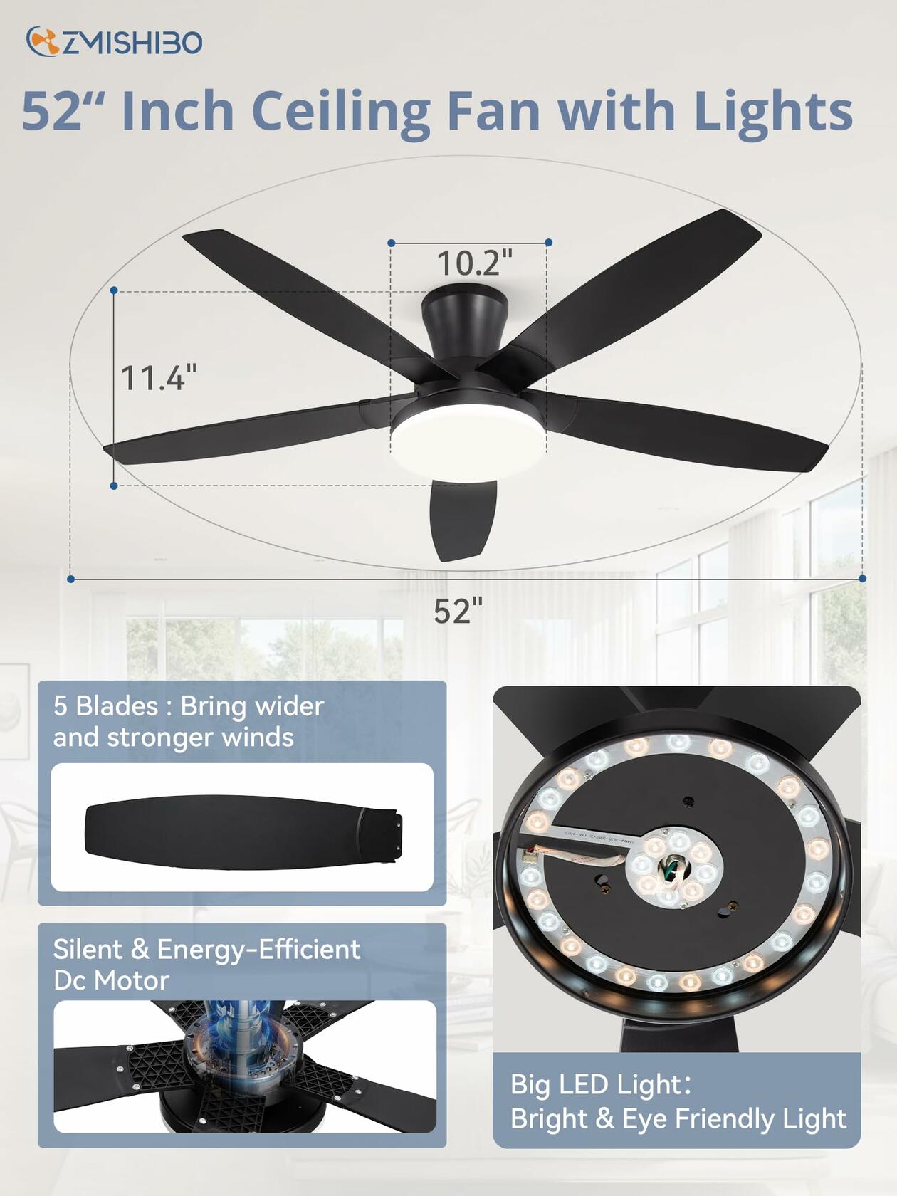 ZMISHIBO 52 inch Ceiling Fans with Lights and Remote/APP Control,Black Low