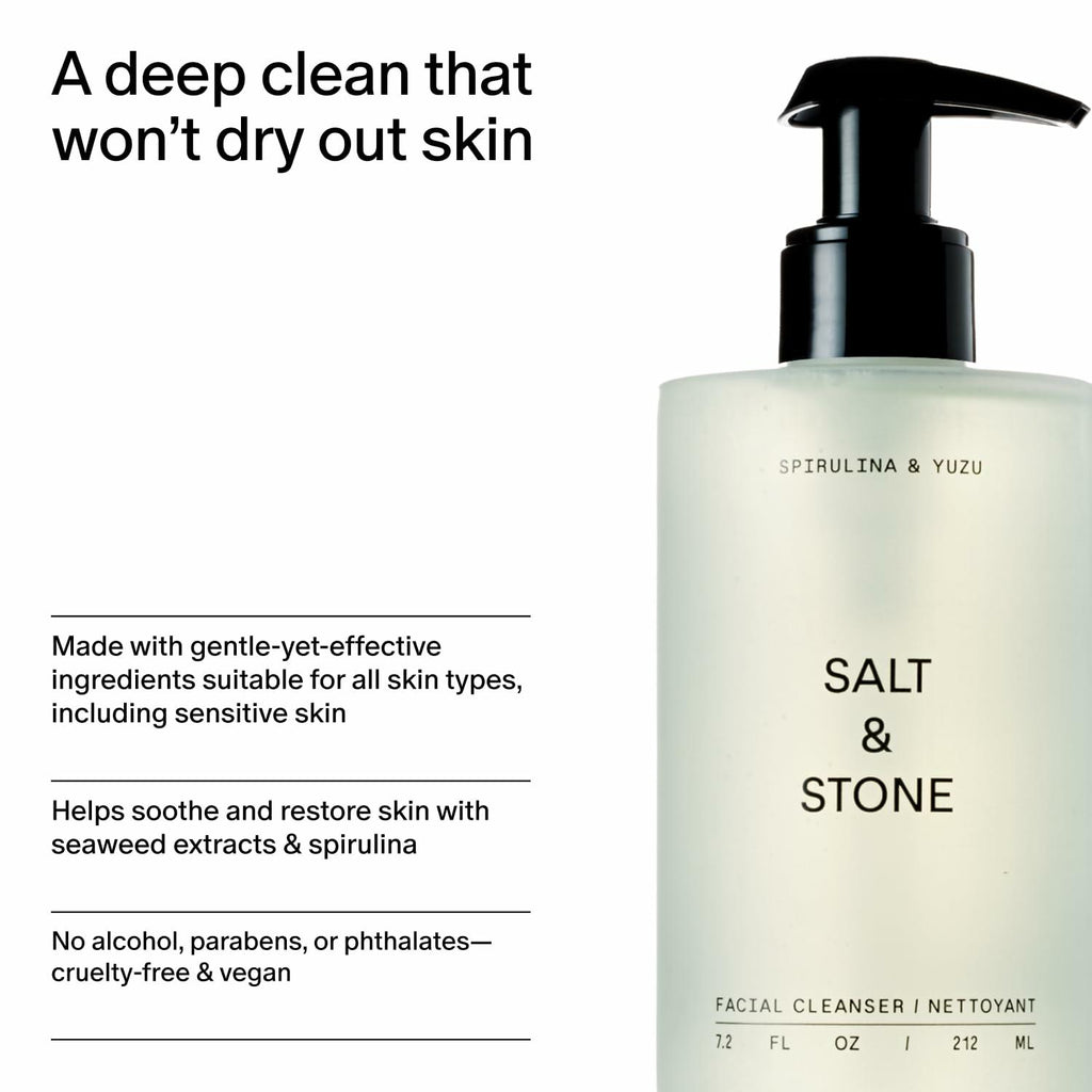 Salt & Stone Facial Cleanser for Women & Men, Spirulina & Yuzu Gentle Facial