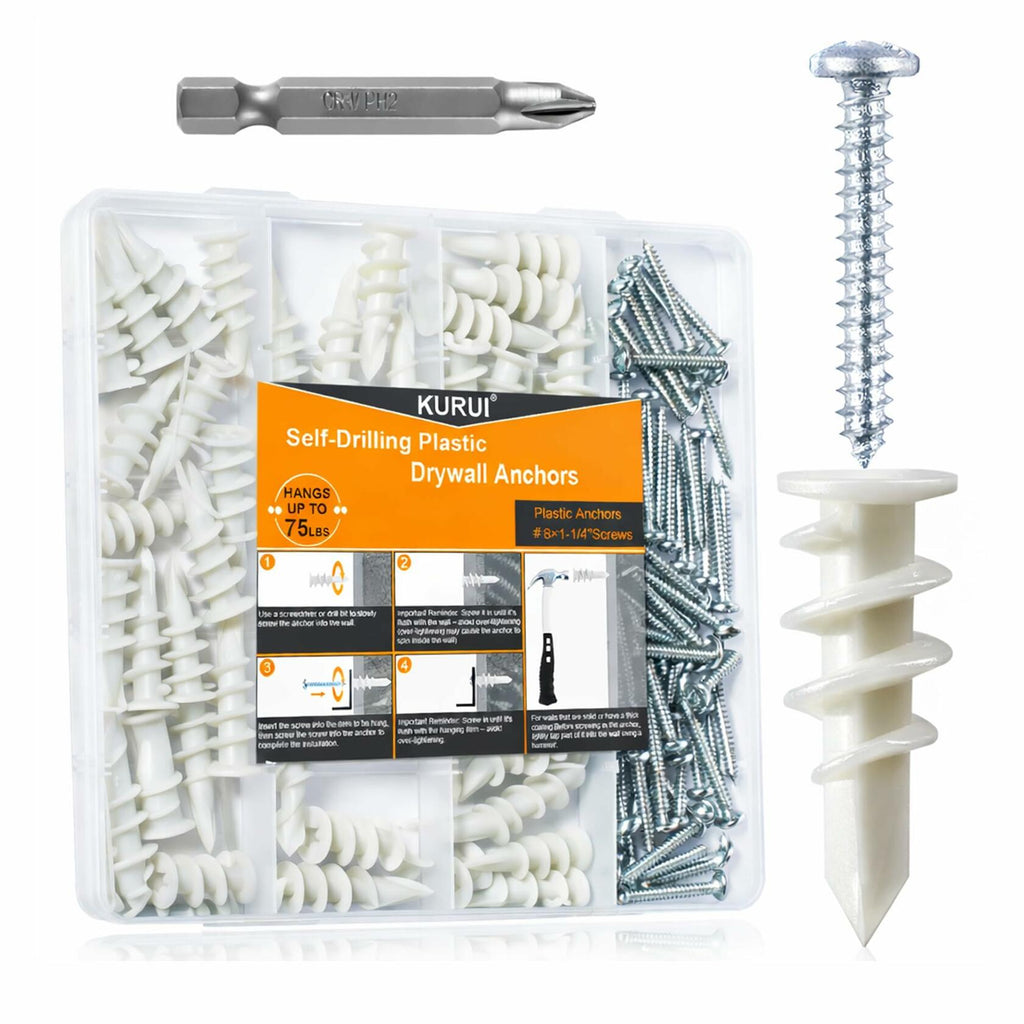 KURUI 140Pcs #8 Self Drilling Drywall Anchors with Screws Kit, Heavy Duty Dry